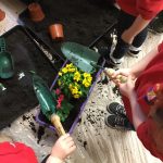 Pre-school children holding gardening tools and potting plants