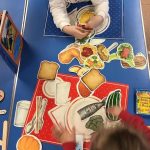 Pre-school children playing with a food puzzle game