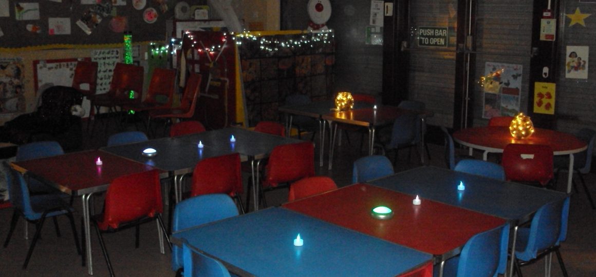Harbour Bears Pre-School set up in the dark with lights for the Big Bedtime Read