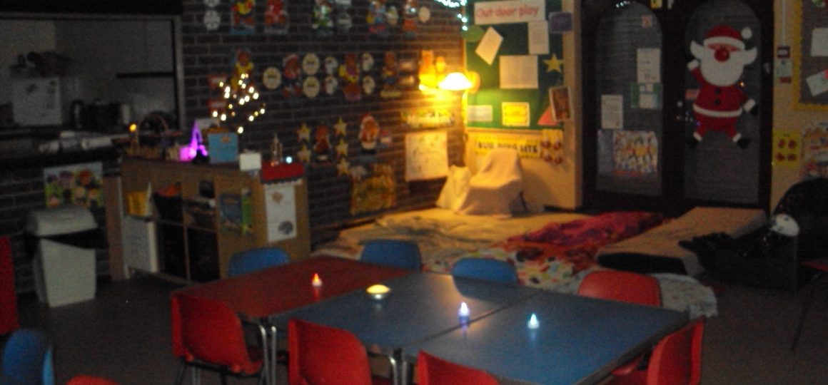 Cosy blanket area set up for the Big Bedtime Read by Harbour Bears Pre-School Larne