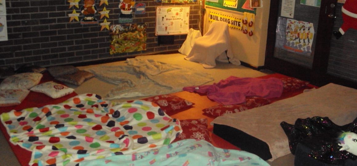 Cosy blanket area set up for the Big Bedtime Read by Harbour Bears Pre-School Larne