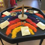 A tuff tray filled with varous colours of rice in the shape of a rainbow