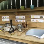 A mud kitchen with various utensils